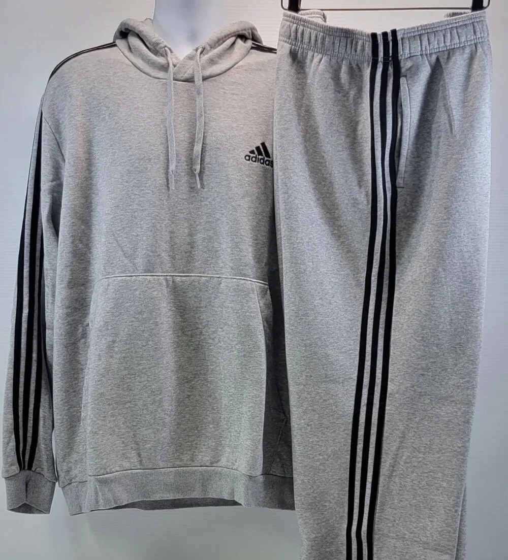 L4) Adidas Sportswear Men Fleece Tracksuit Gray Hooded Sweatshirt Pants 2XL